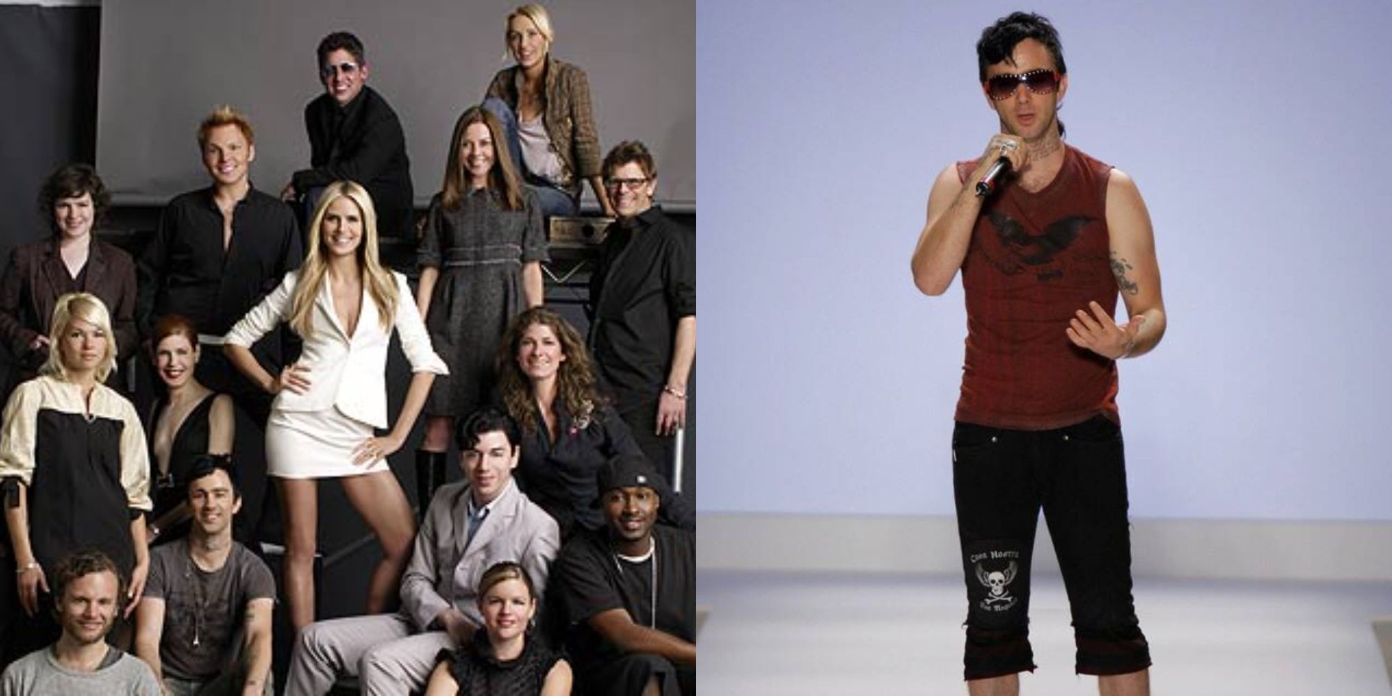 Split image showing the cast of Project Runway season 3, and the winner, Jeffrey Sebelia