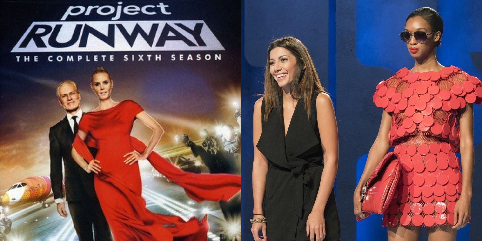 Split image showing Heidi Klum and Tim Gunn, and season 6 winner Irina with her model