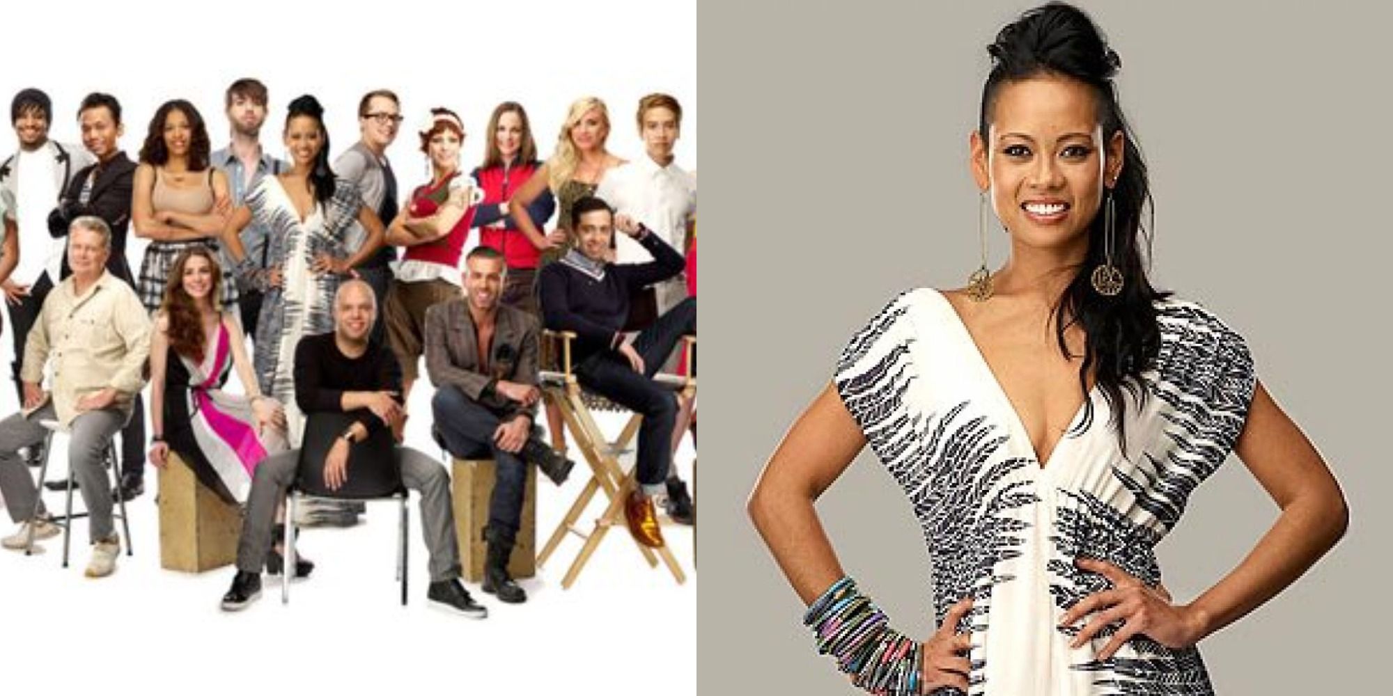 Split image showing the cast of Project Runway Season 9, and the winner, Anya Ayoung-Chee