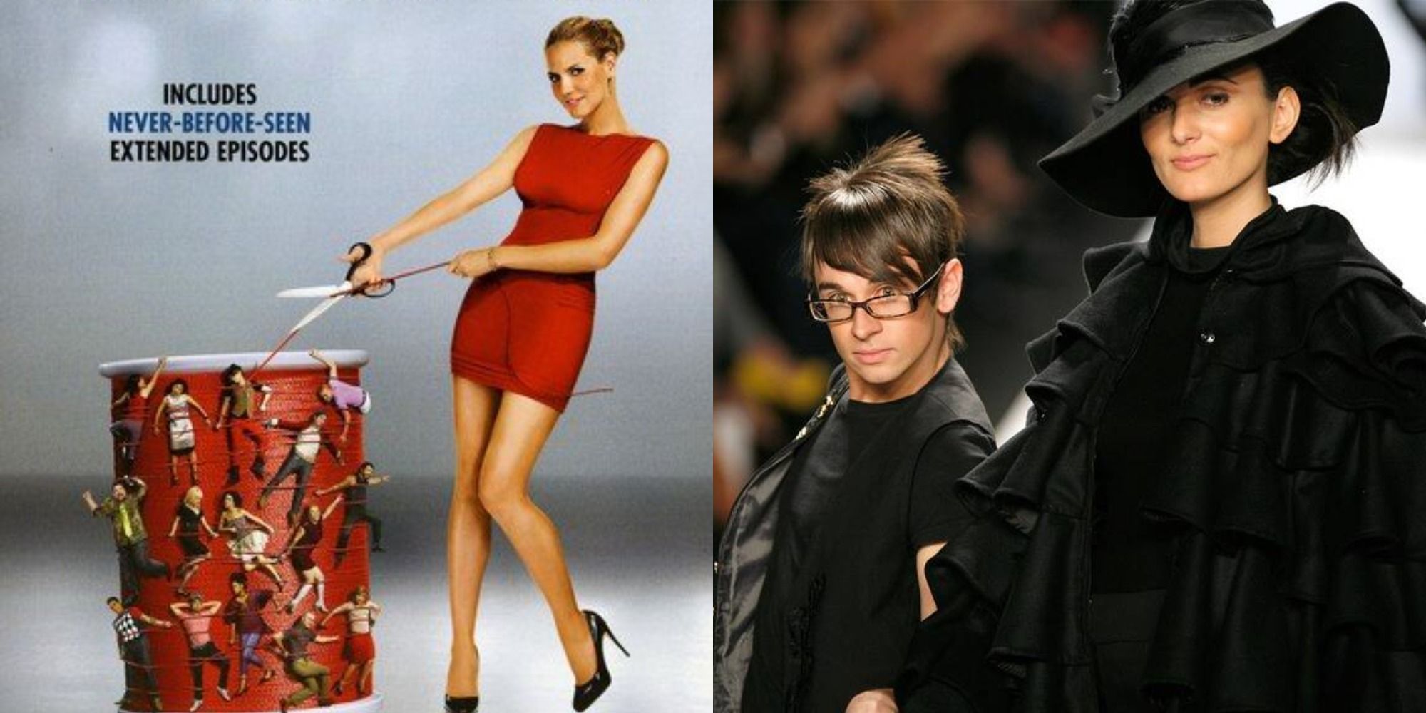 Split image showing Heidi Klum and the cast of project Runway season 4, and Christian Siriano with his model