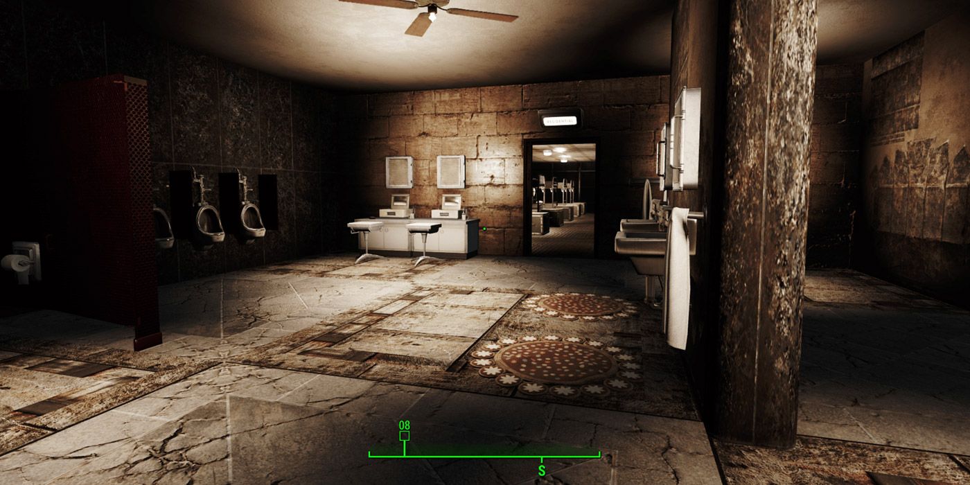 A shot of a dilapidated restroom in Fallout 4
