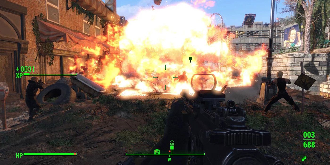 An explosive gunfight in Fallout 4.