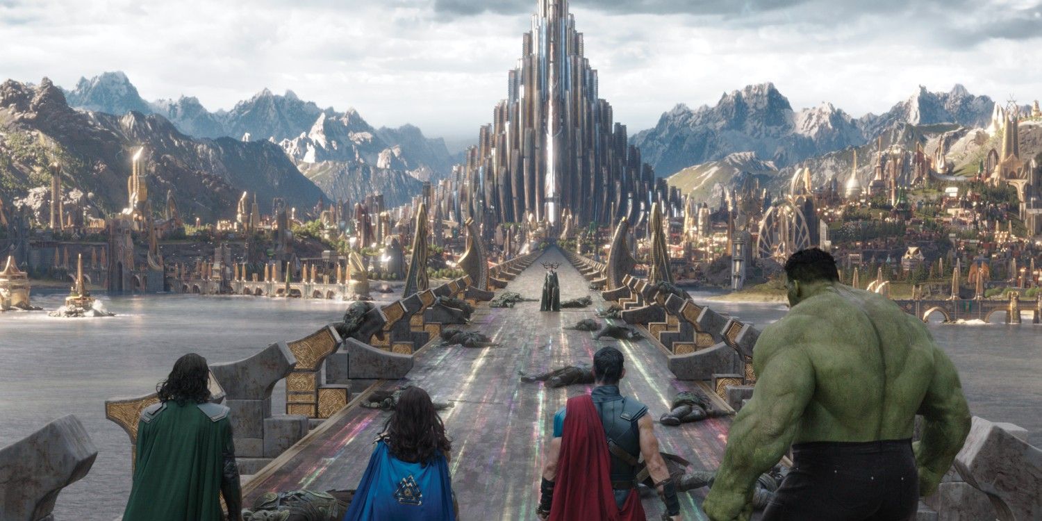 Thor, Loki, and Hulk face off against Hela on Rainbow Bridge in Thor: Ragnarok