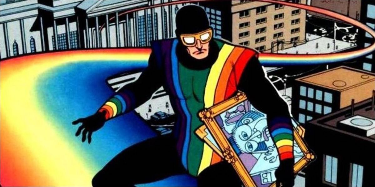 Rainbow Raider flies away on a rainbow with stolen art