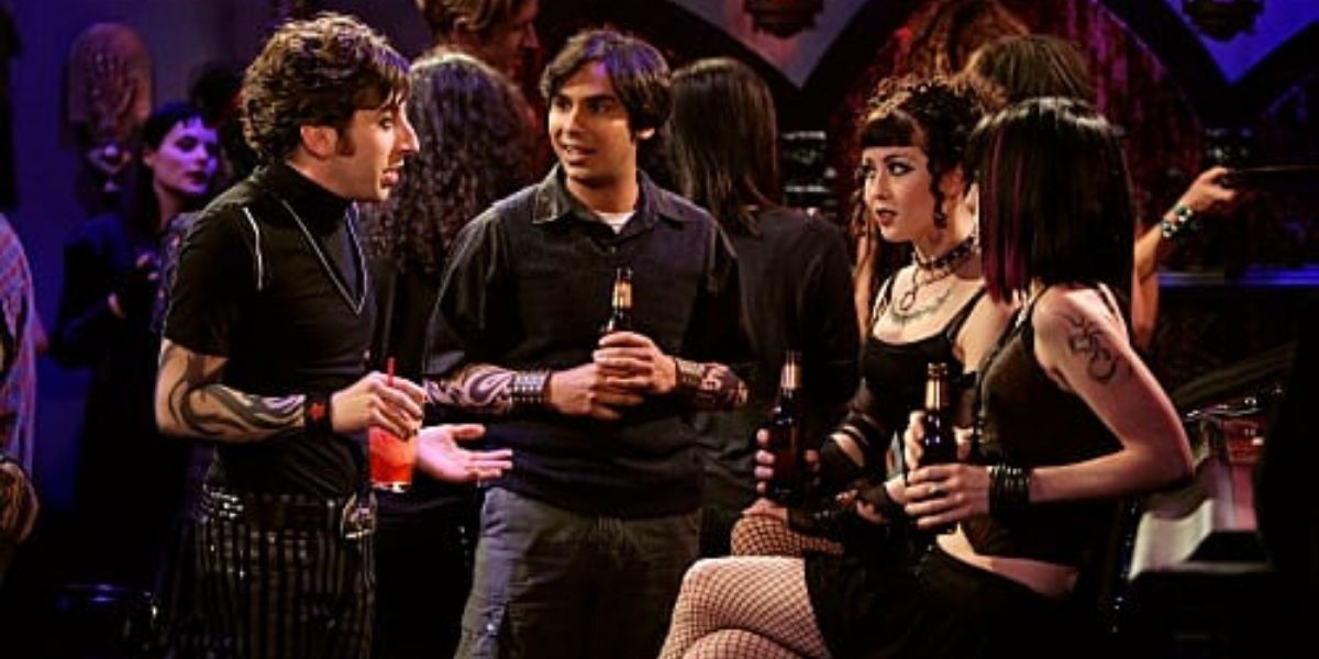 Raj and Howard at the Goth Club talking with two girls