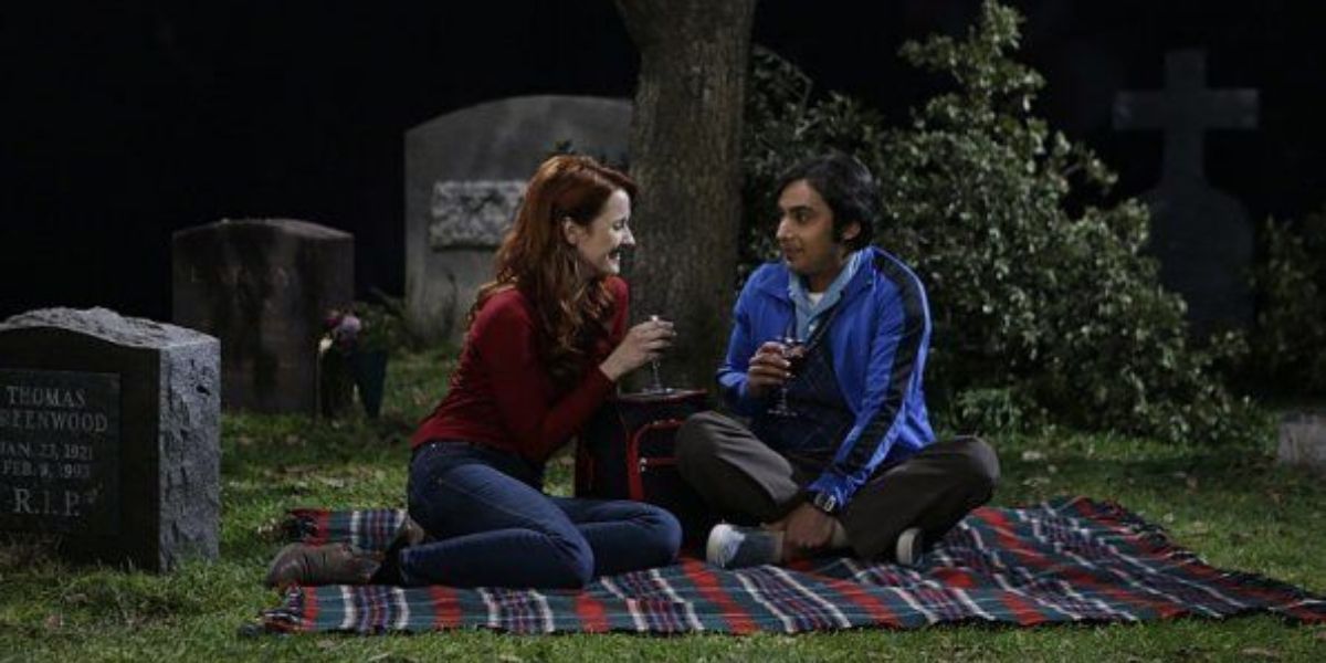 Raj and Emily have a picnic at the cemetery on TBBT