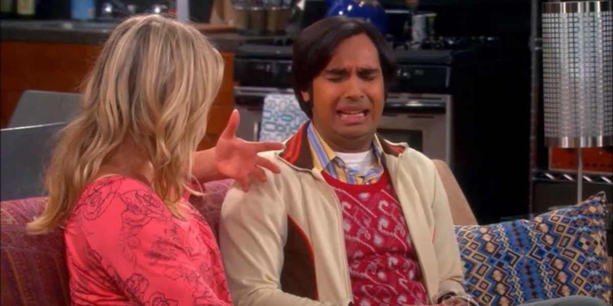 Raj crying over Lucy with Penny in The Big Bang Theory