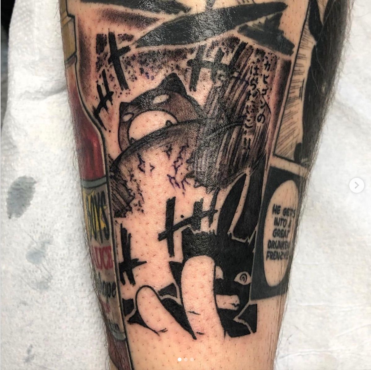 Tattoo of Snorlax terrorizing a town in a manga style
