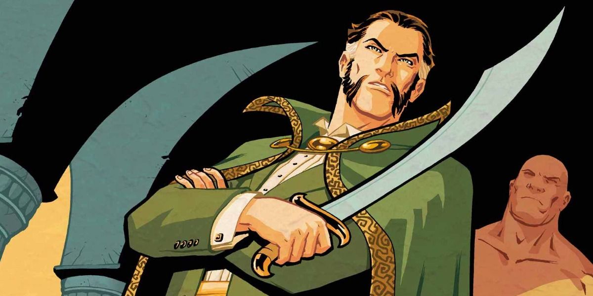 Ra's Al Ghul holds a menacing cutless with his aid Ubu standing behind him.