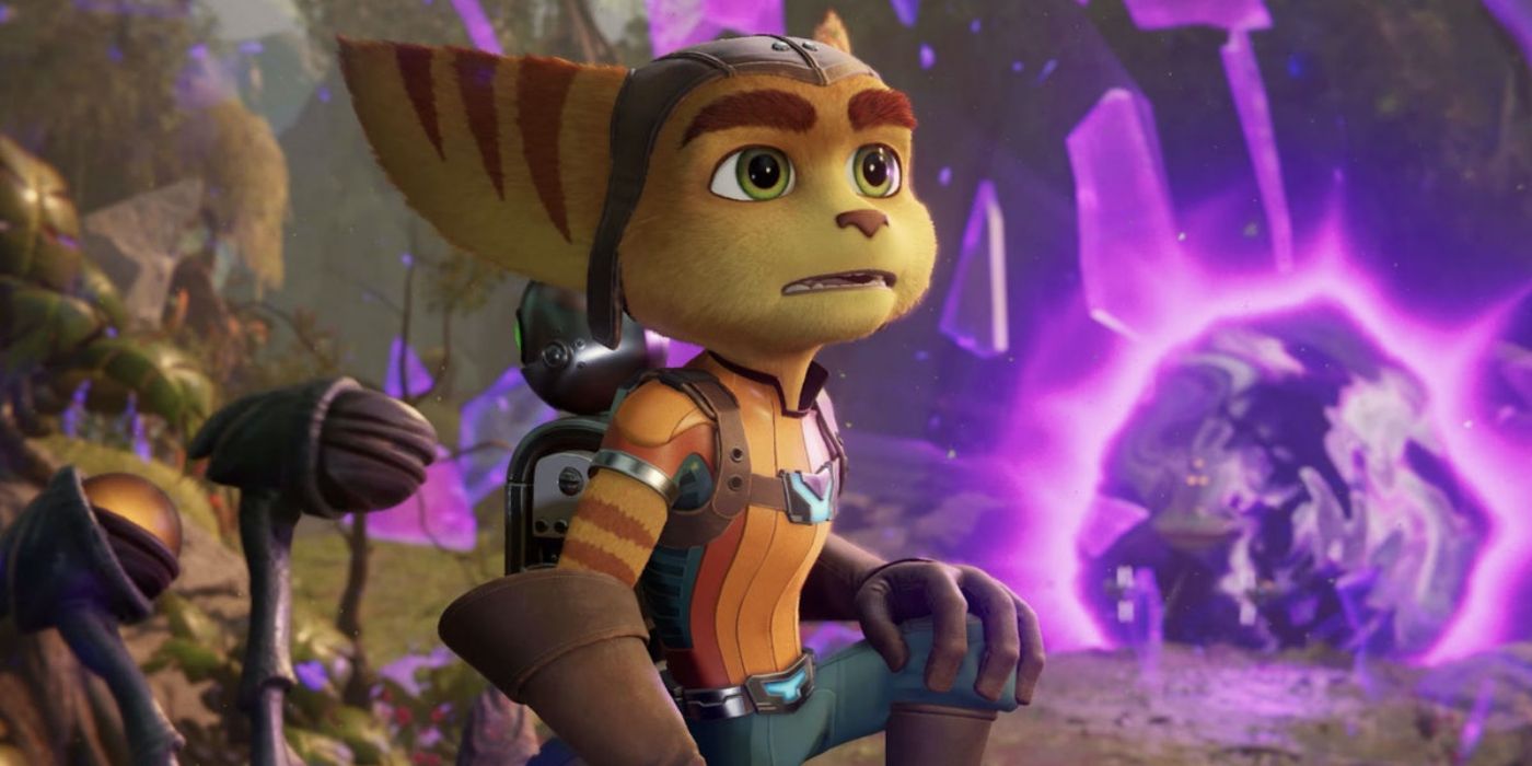 Ratchet looking at something offscreen as a portal opens behind him in Ratchet &amp; Clank: Rift Apart.