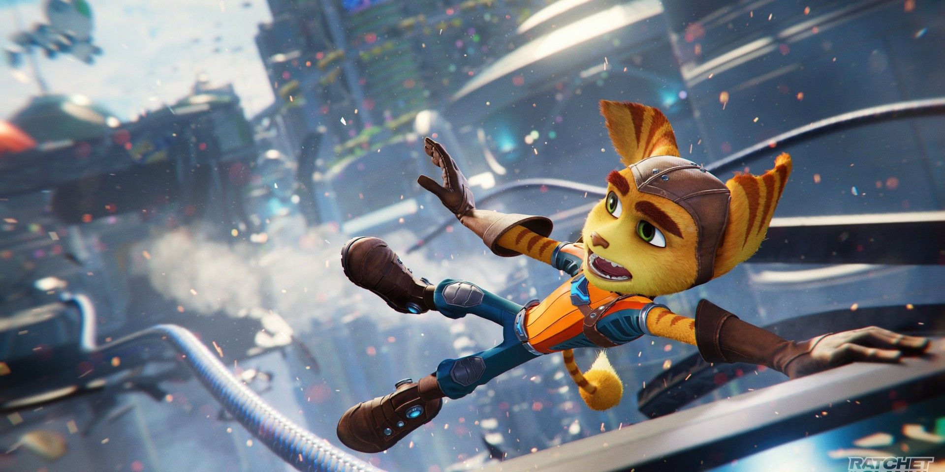Ratchet holding onto a vehicle in Ratchet and Clank: Rift Apart.