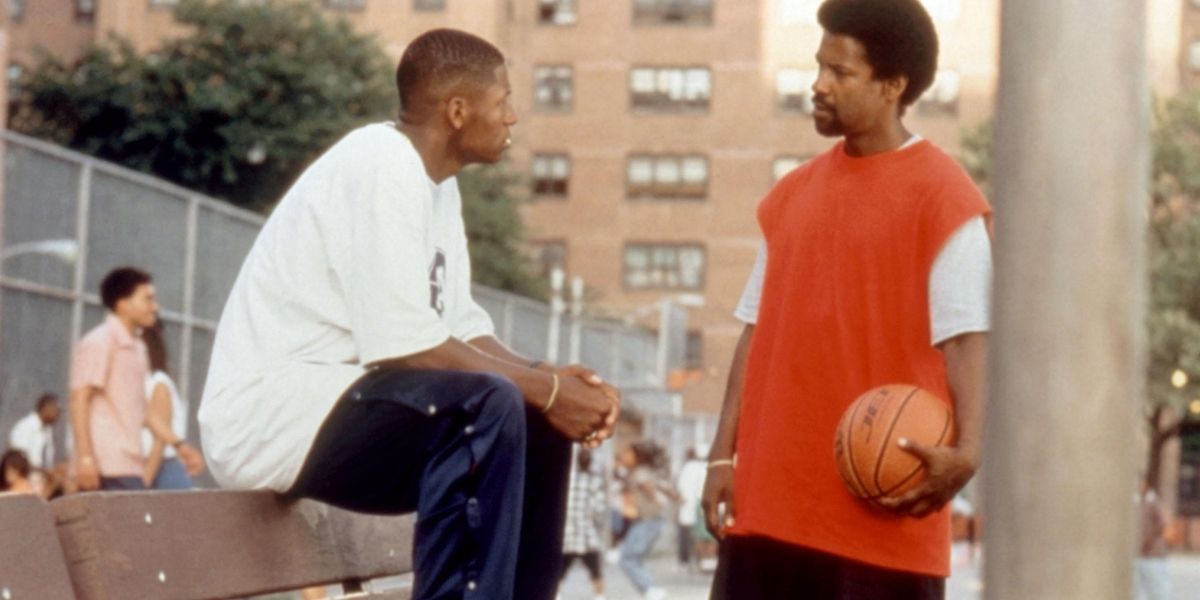 Ray Allen and Denzel Washington facing each other in He Got Game