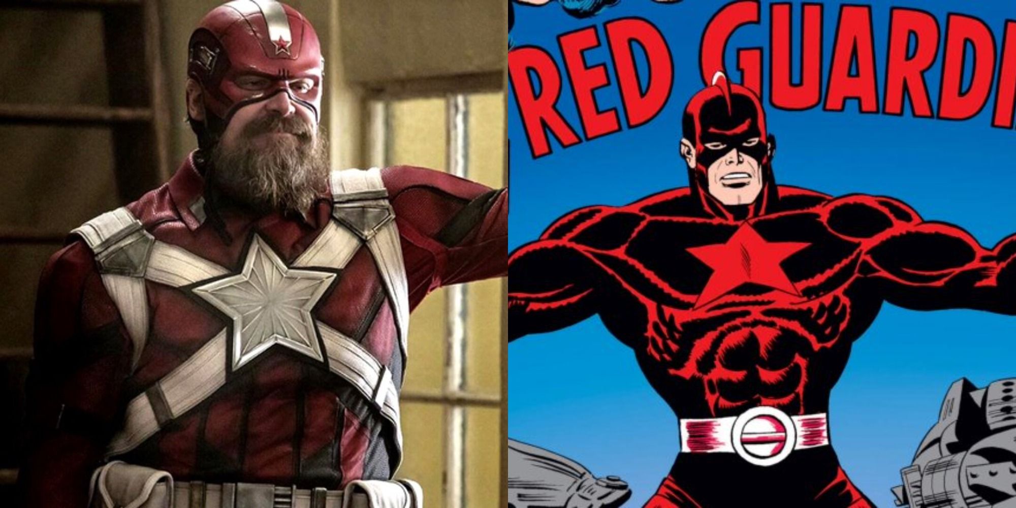 Split image of David Harbour in Black Widow and a Red Guardian Comic
