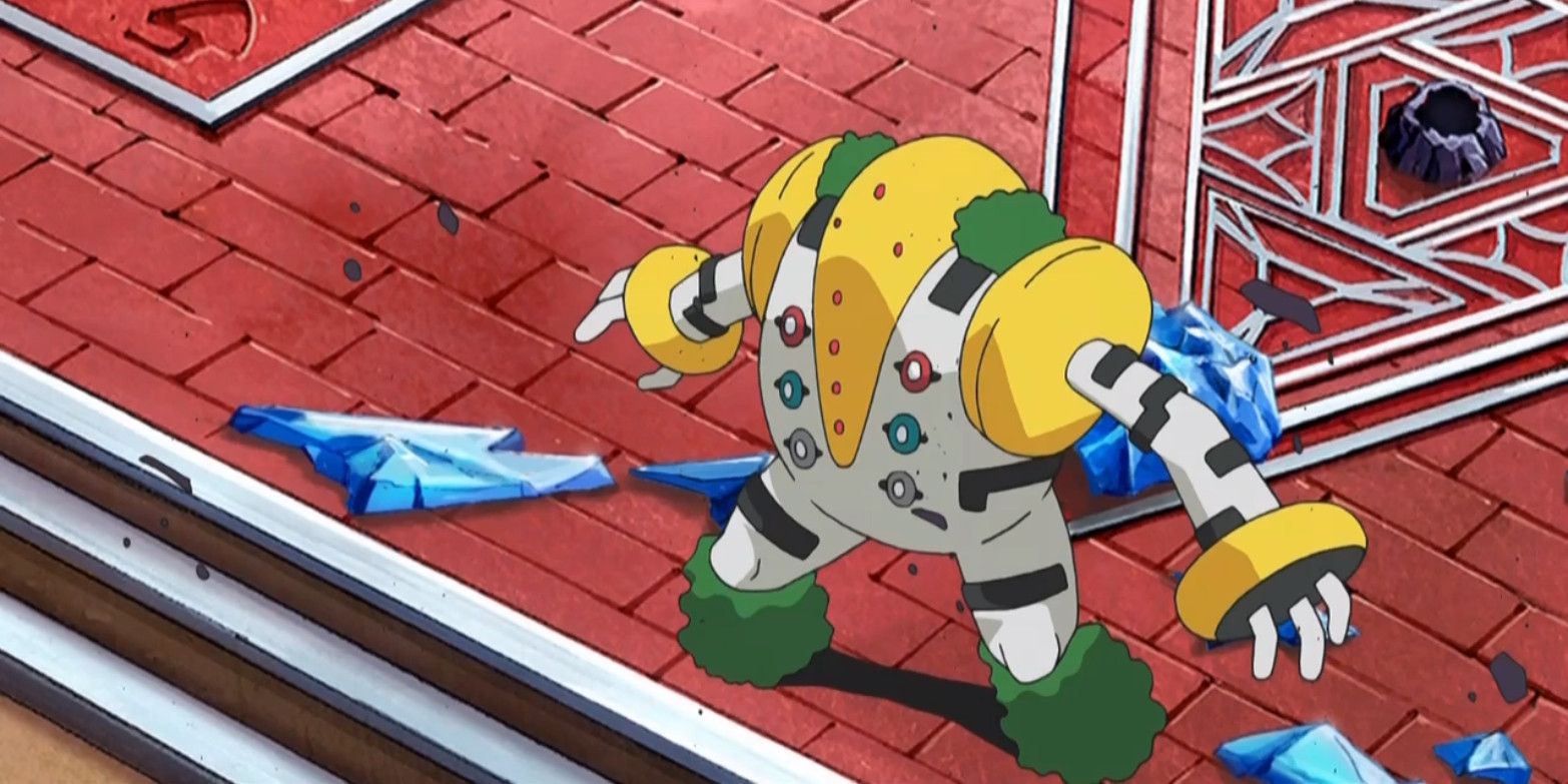 Regigigas stands in a temple in the Pokemon anime.