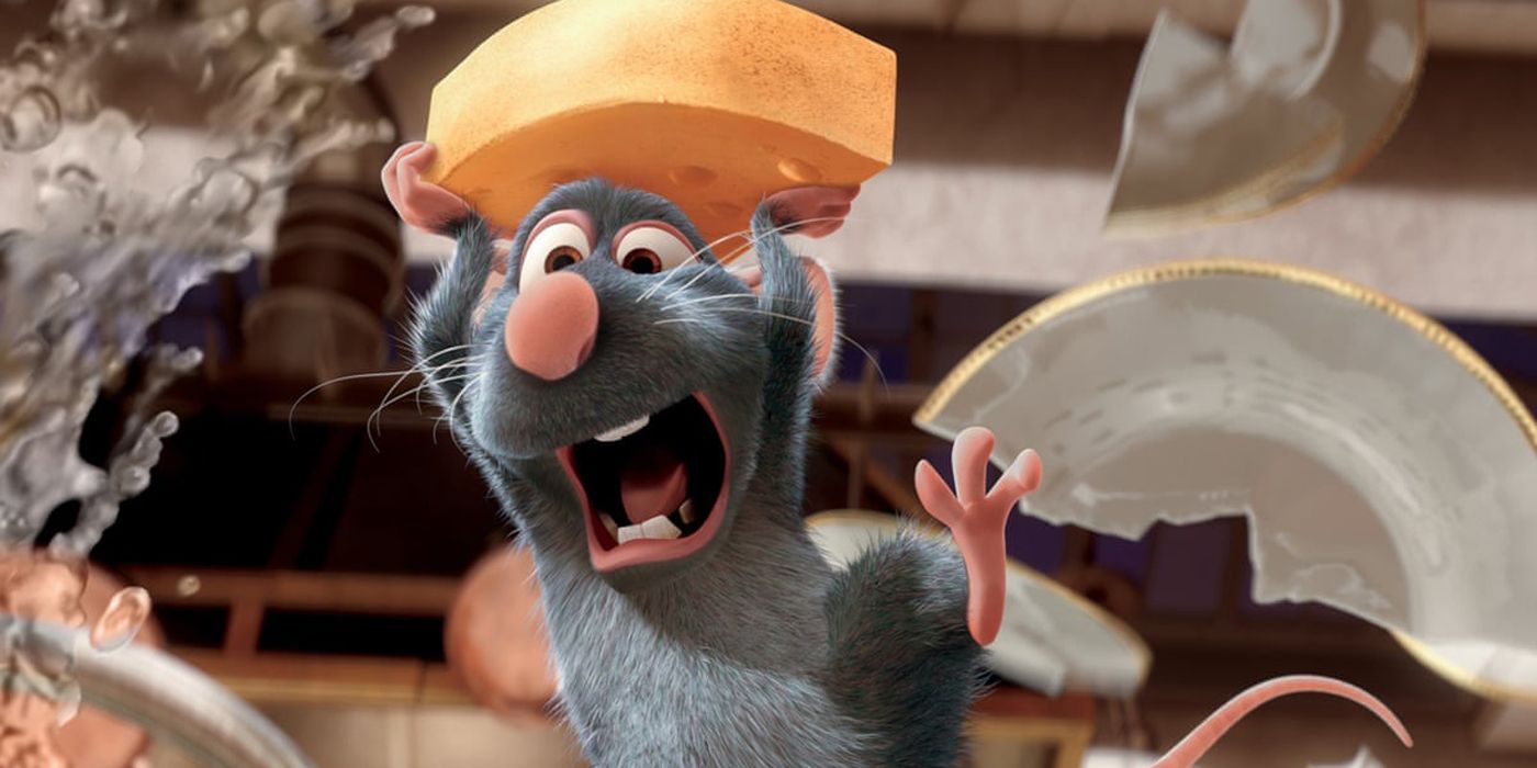 Remy carrying cheese and screaming in Ratatouille.
