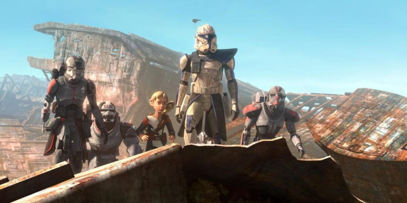 Rex shows Clone Force 99 the crashed Republic ships on Bracca in Star Wars The Bad Batch