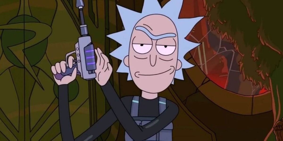 Rick Sanchez smiling and loading a gun