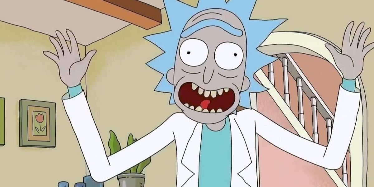 Rick Sanchez making a deranged expression on Rick and Morty