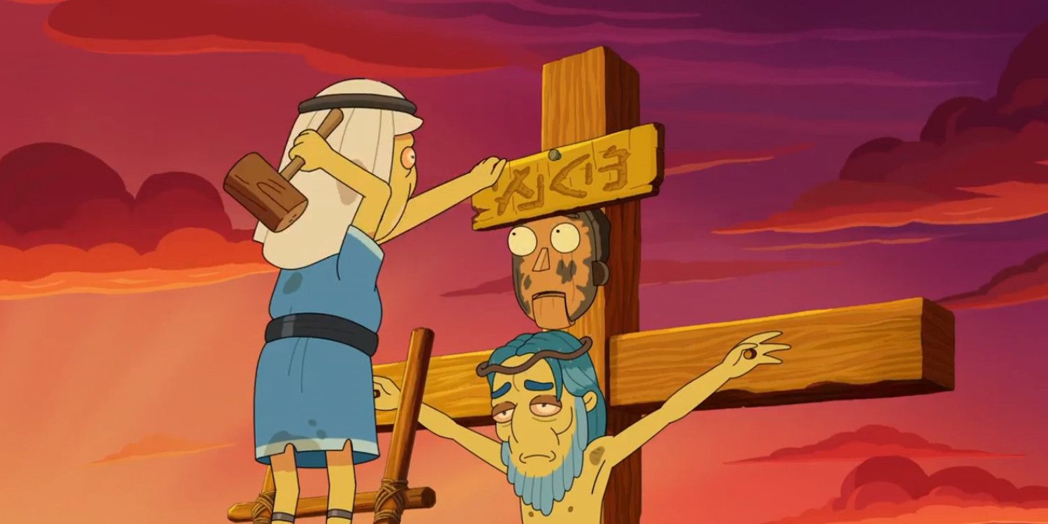 Uma cabeça de madeira de Jerry sendo pregada na cruz com um segundo Jesus Cristo em Rick and Morty