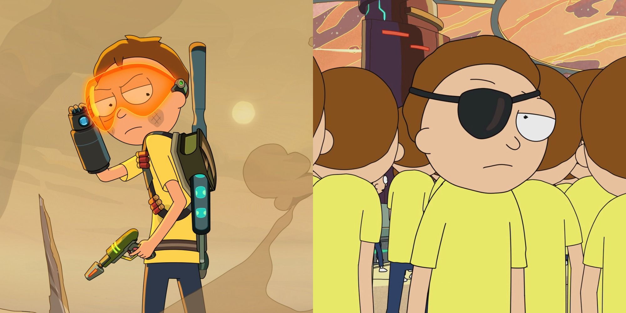 Split image showing Morty armed, and Evil Morty