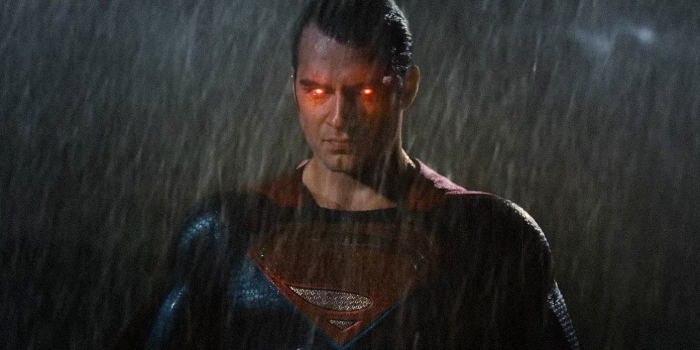 Superman standing in the rain with laser eyes in Batman v Superman
