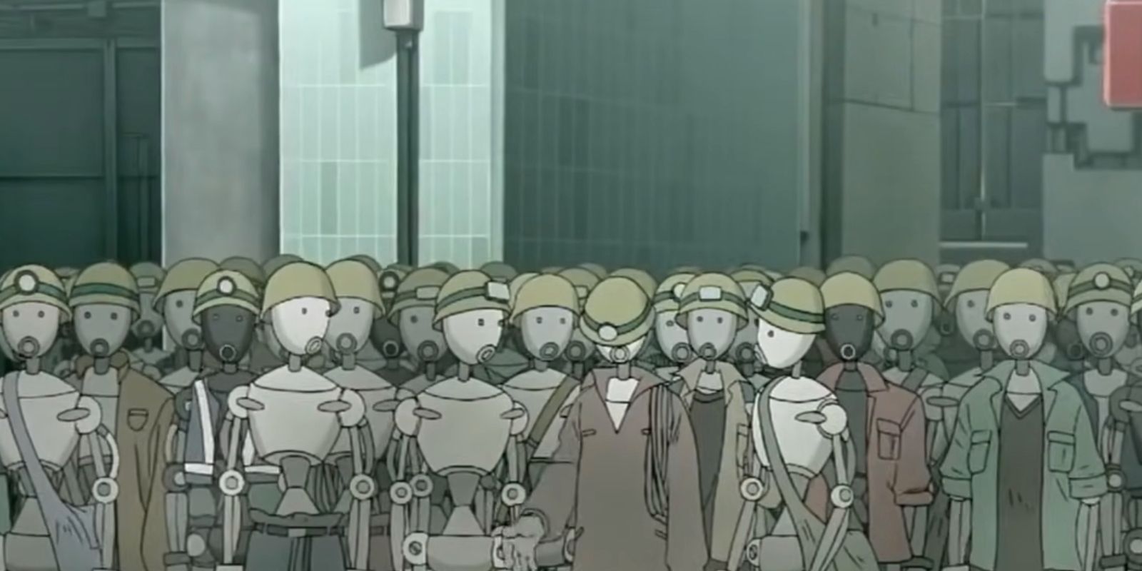 Robot workers stand in line in Animatrix