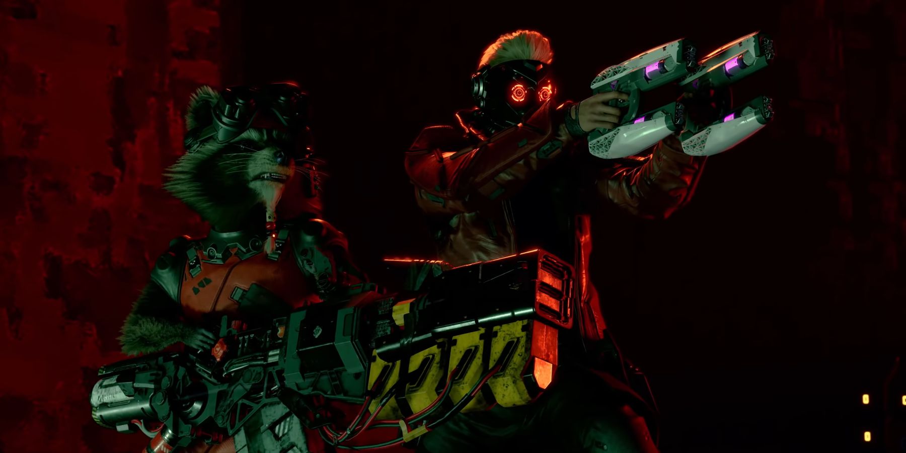 Rocket and Star-Lord aiming their blasters in Marvel’s Guardians of the Galaxy
