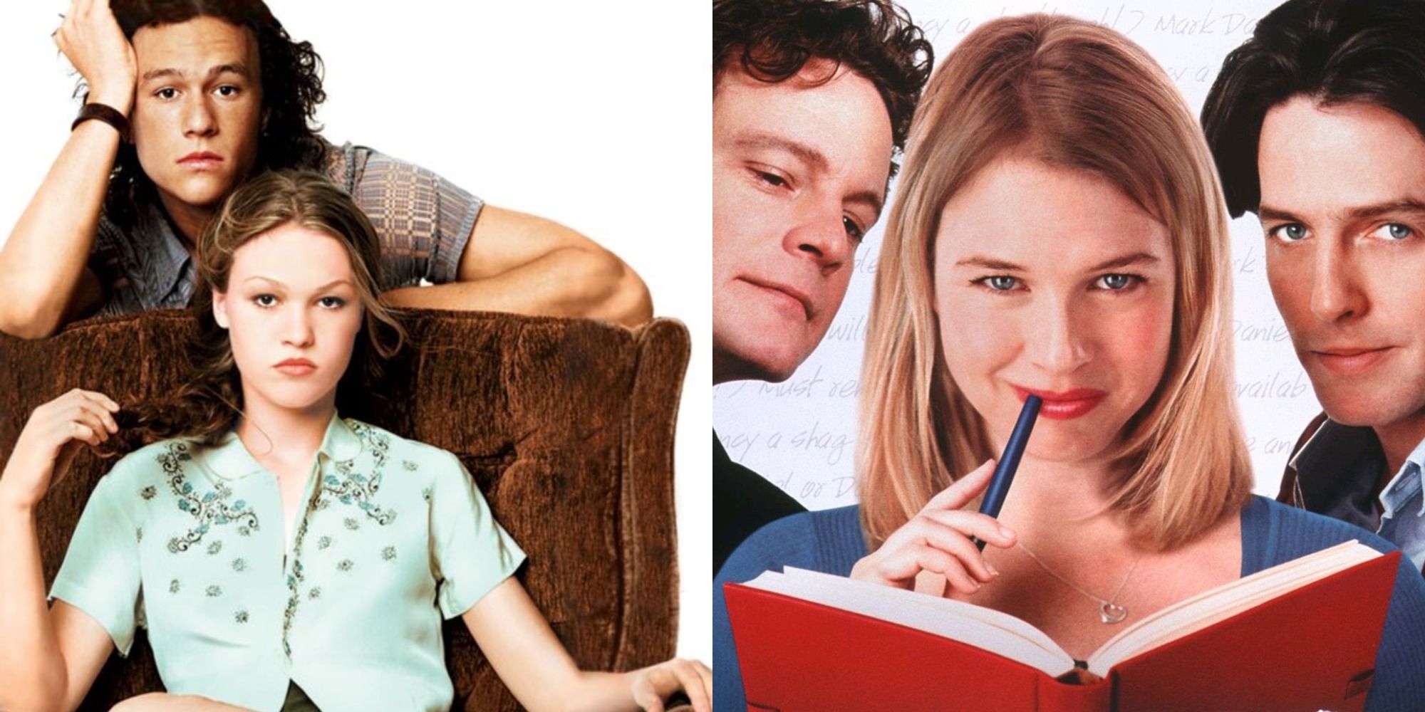 Split image showing Patrick and Kat from 10 Things I Hate About You, and Mark, Bridget, and Daniel from Bridget Jones's Diary