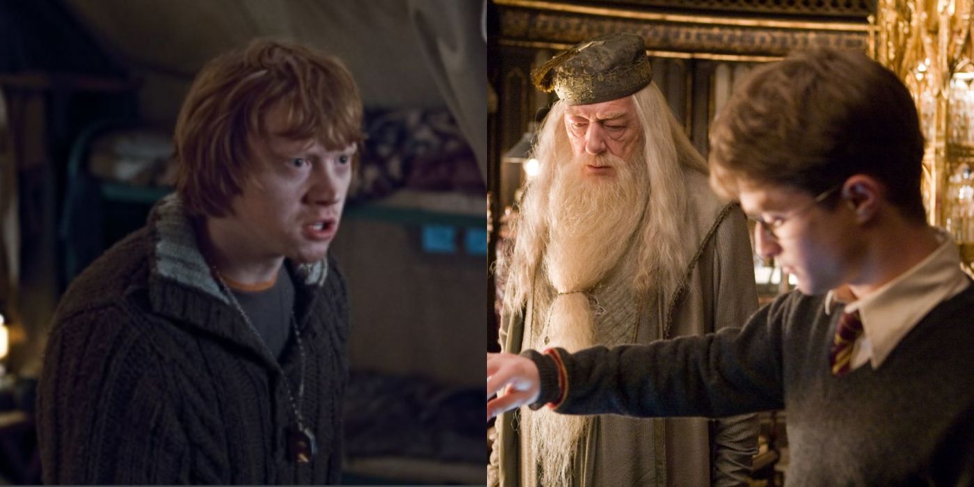 Ron Weasley yelling and Harry Potter and Dumbledore using the pensieve.
