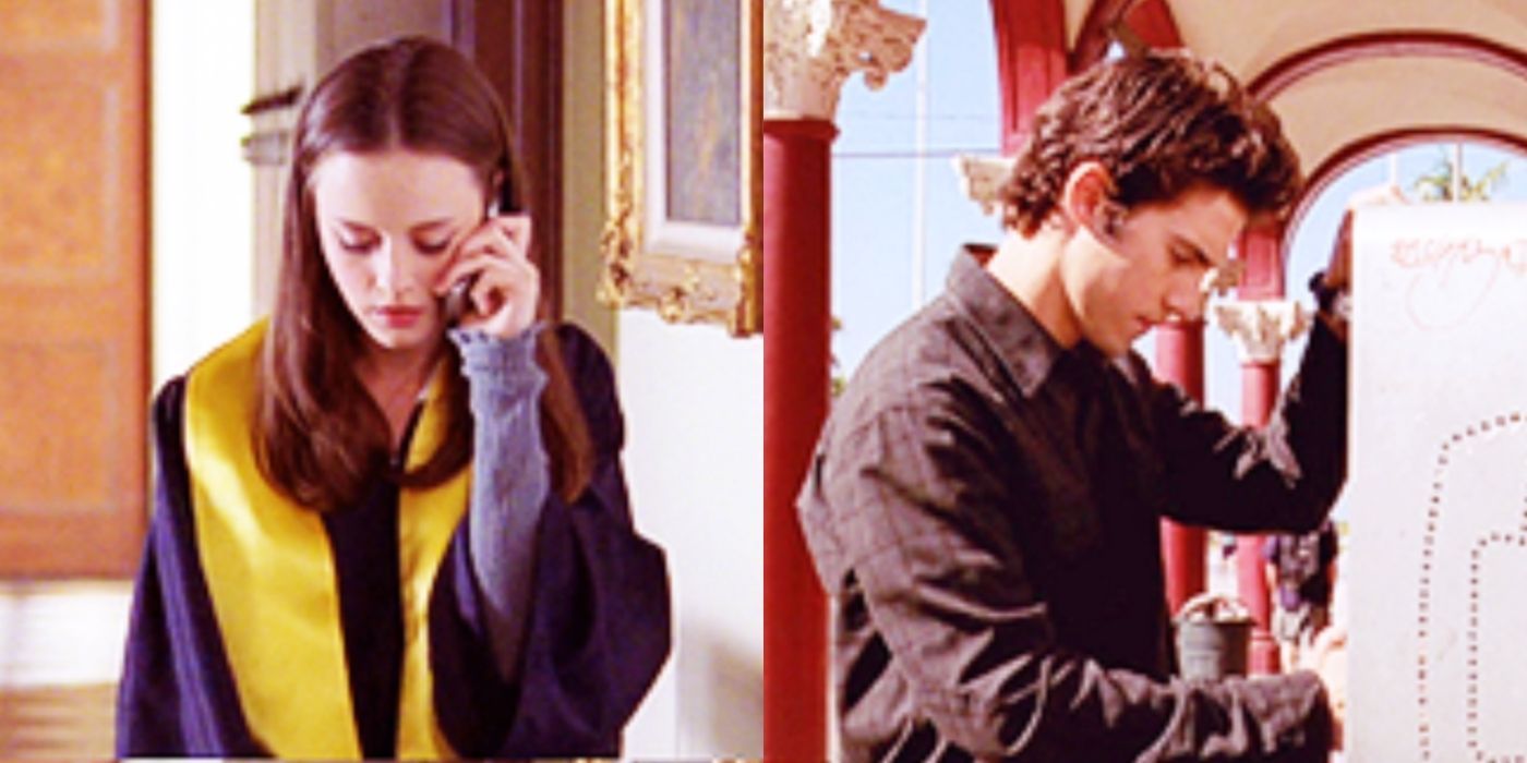 Split image of Rory and Jess on the phone on Gilmore Girls