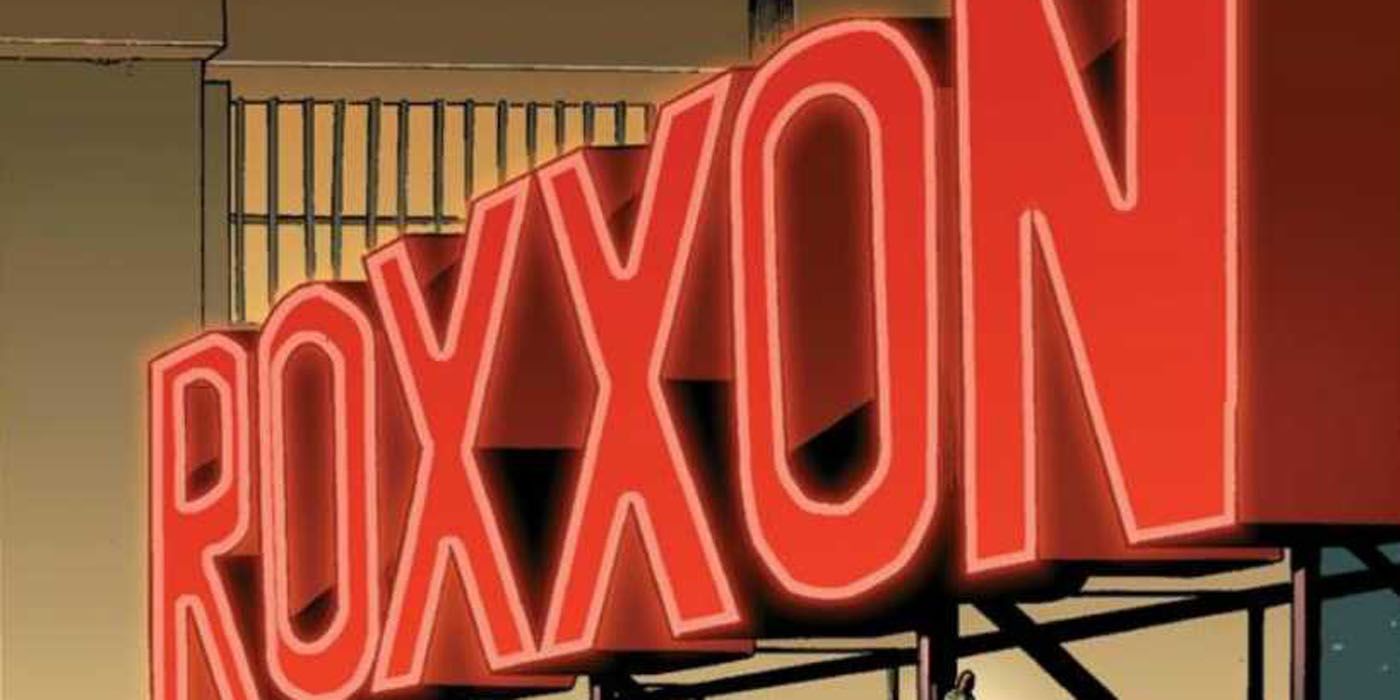 Uma imagem do sinal Roxxon nos quadrinhos da Marvel