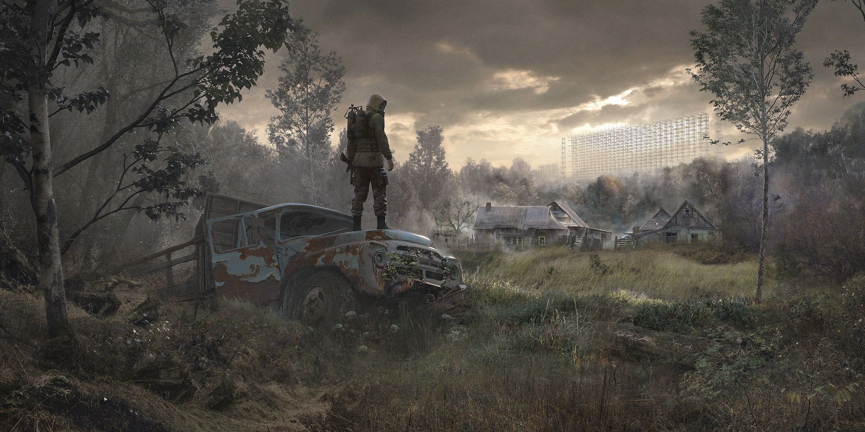 S.T.A.L.K.E.R. 2 poster featuring a man standing on top of a decrepit farm truck in a grassy area