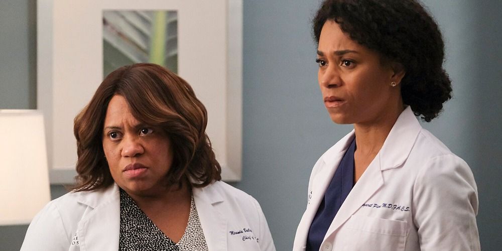 From left: Dr. Miranda Bailey and Dr. Maggie Pierce look on forlornly as they deal with a case of police brutality in Grey's Anatomy.