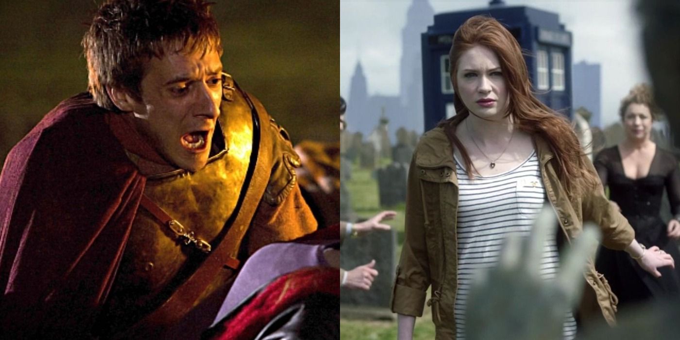 A split image of Rory as an Auton and Amy standing in the graveyard in Doctor Who