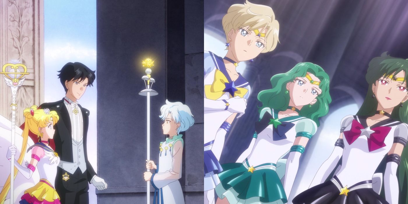 Sailor Moon and Endymion with Helios; the Outers in Sailor Moon Eternal