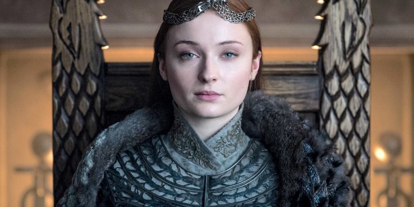 Sansa sitting on the throne in the north with her crown