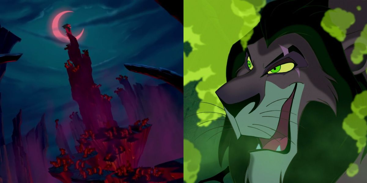 Scar on top of pointed cliff in The Lion King.
