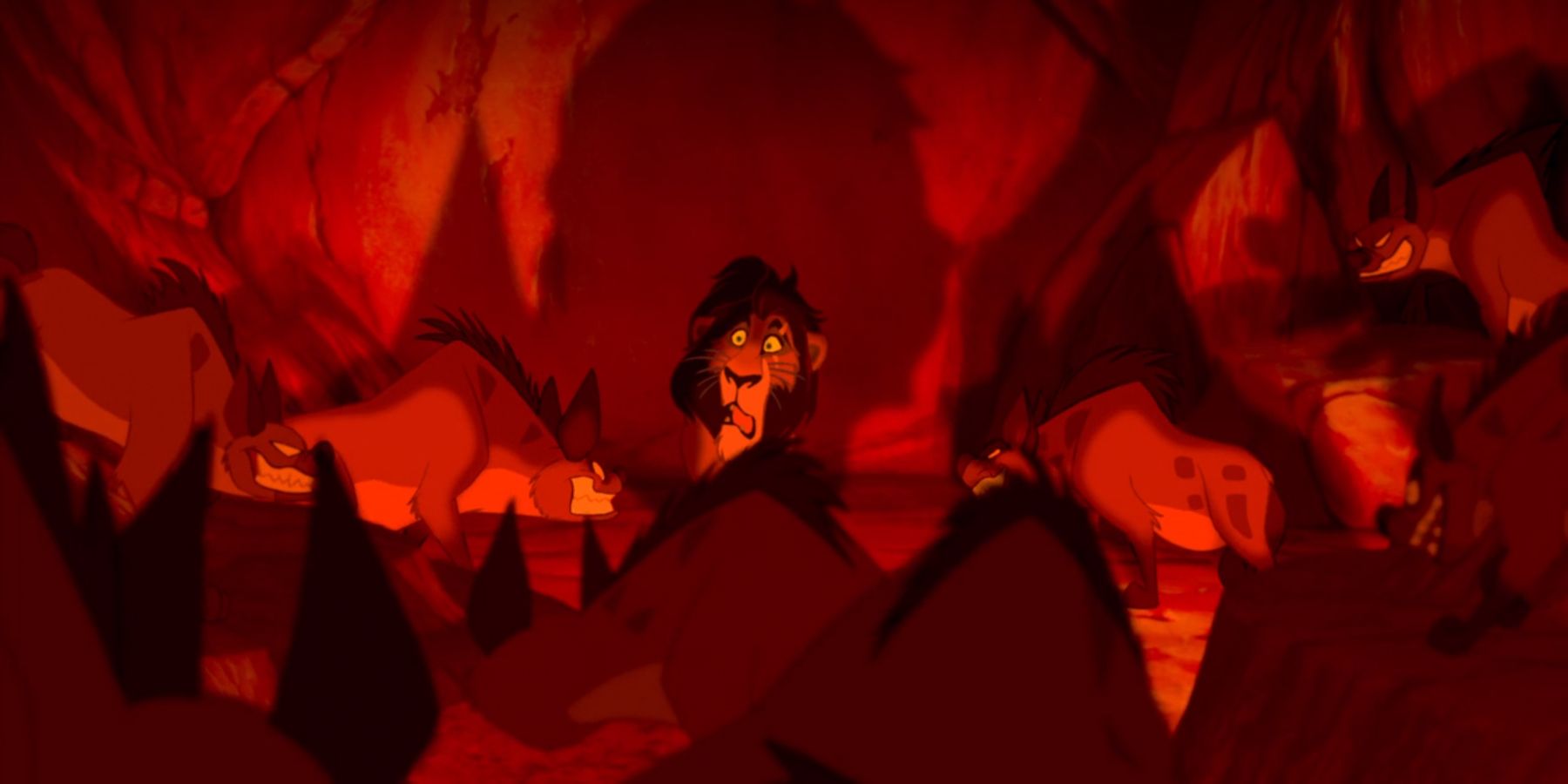 Scar being surrounded by hyenas in The Lion King