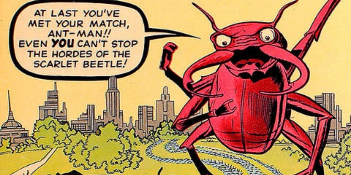 O Besouro Escarlate da Marvel grita com raiva com o Homem-Formiga na Marvel Comics.