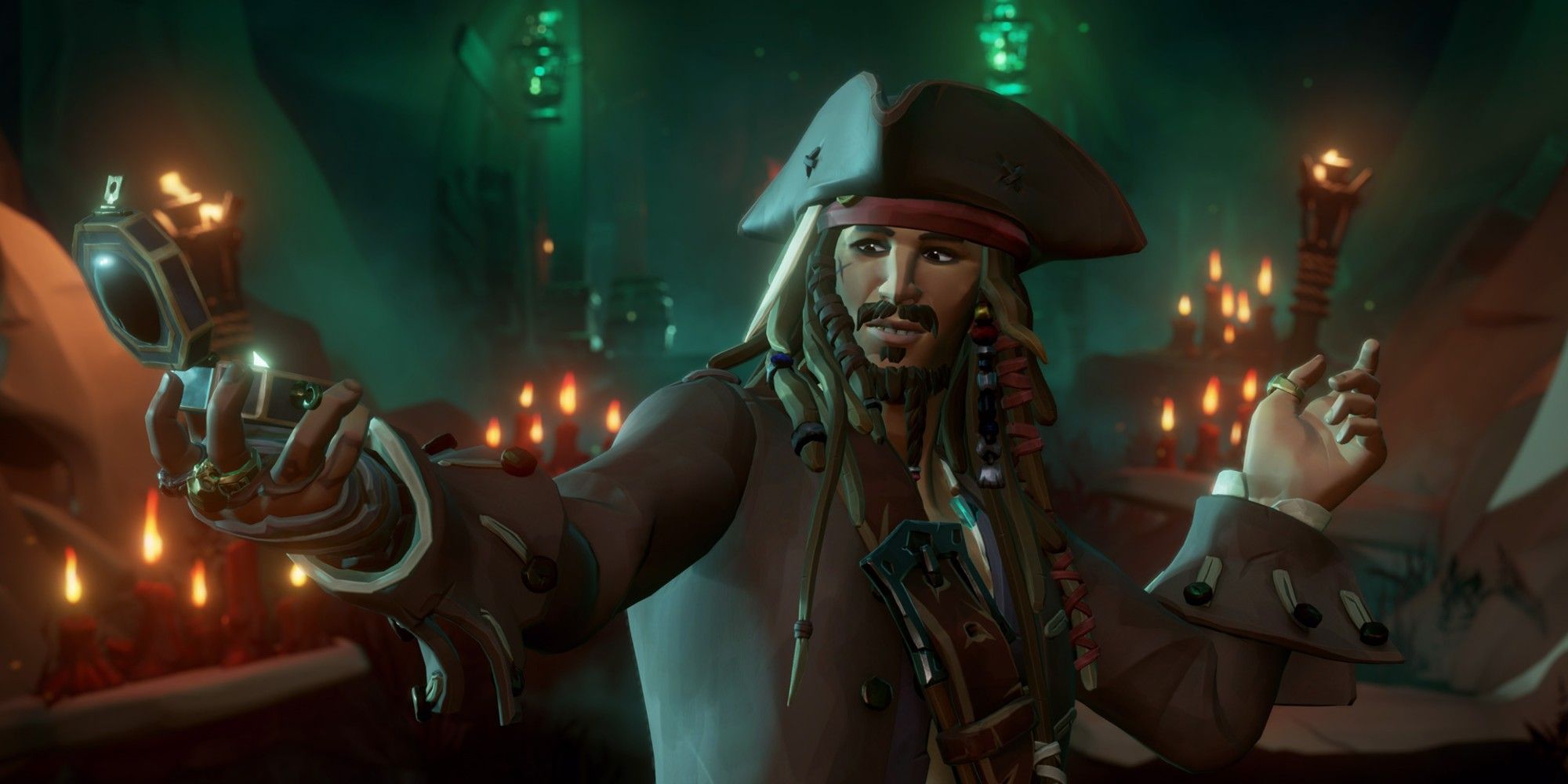 Jack Sparrow examines his compass in Sea of Thieves