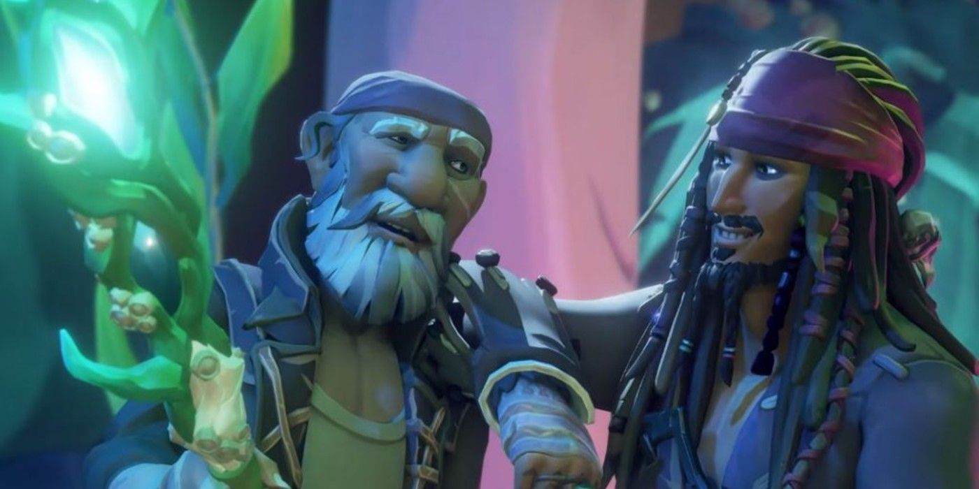 Jack Sparrow and another pirate use a Trident in Sea of Thieves