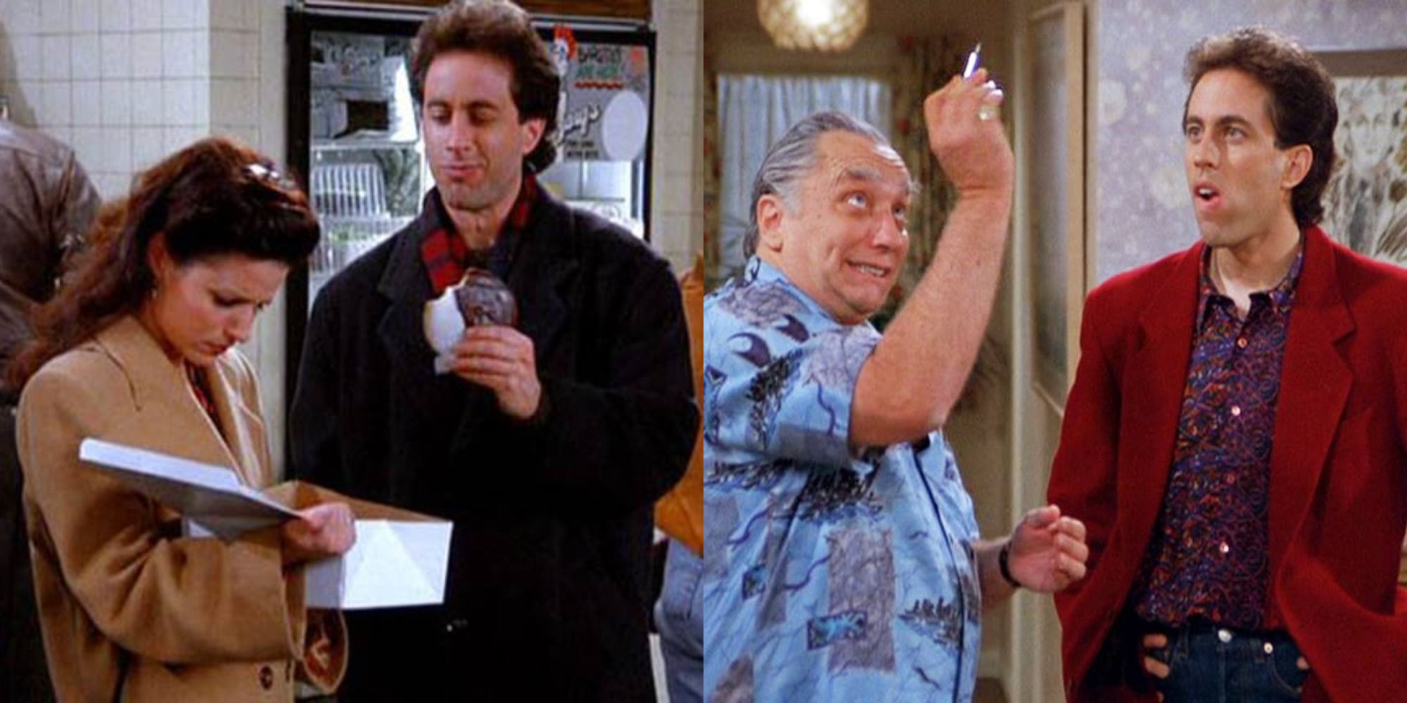 Split image showing Elaine and Jerry at the bakery, and Jack Klompus and Jerry looking at the pen