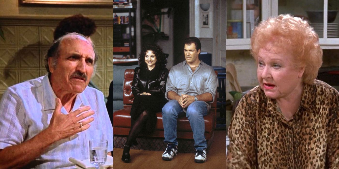 Uncle Leo putting his hand on his chest, Elaine and Puddy sitting together, and Estelle wearing a leopard print shirt Seinfeld featured image