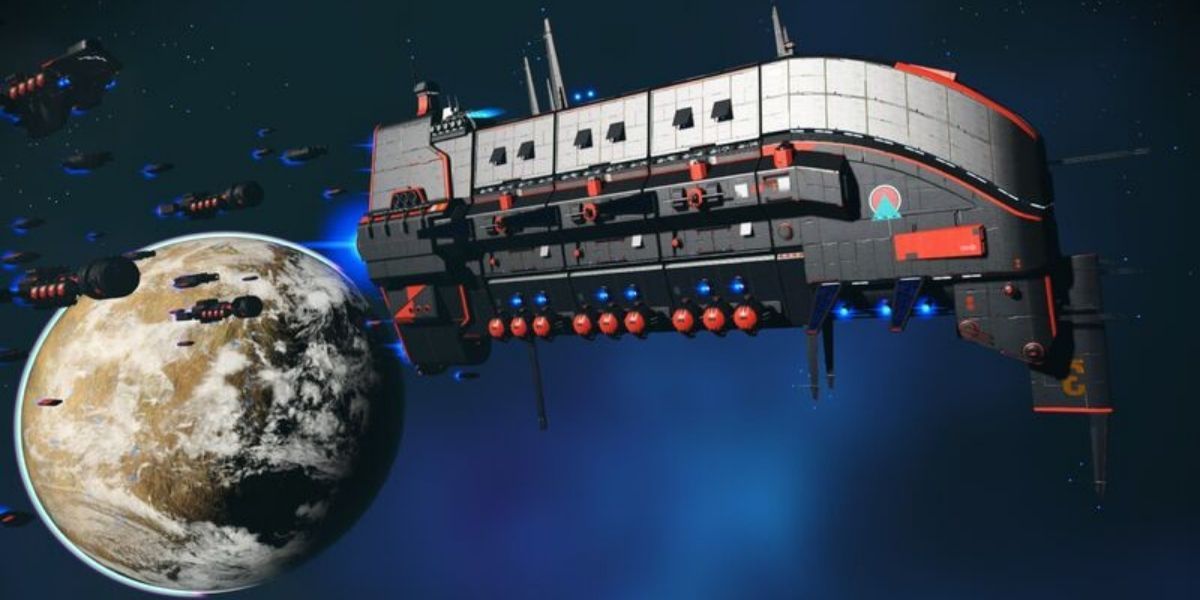 A Sentinel Starship Carrier flying in space next to a large moon