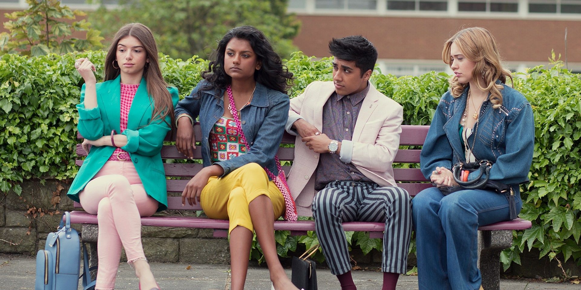 Ruby, Olivia, Anwar, and Aimee sit on a bench in Sex Education