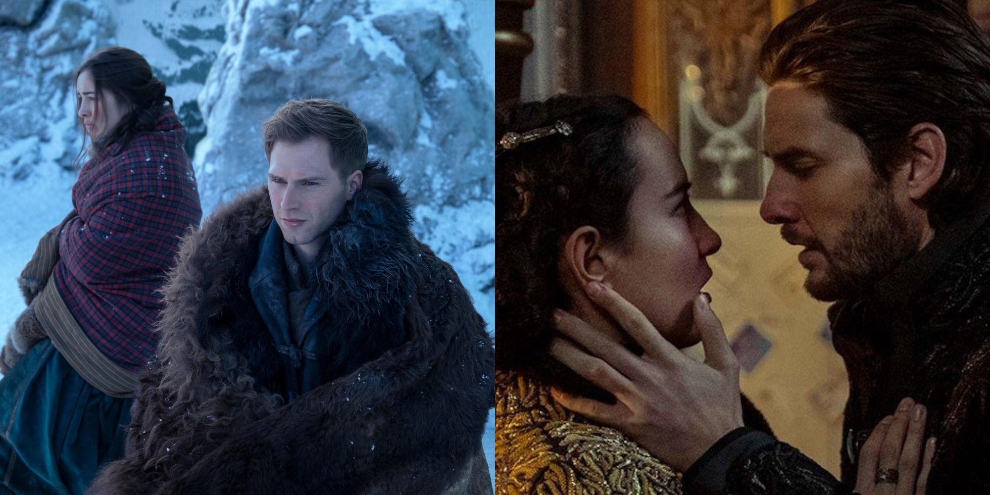 Split image depicting the two main couples in Shadow and Bone