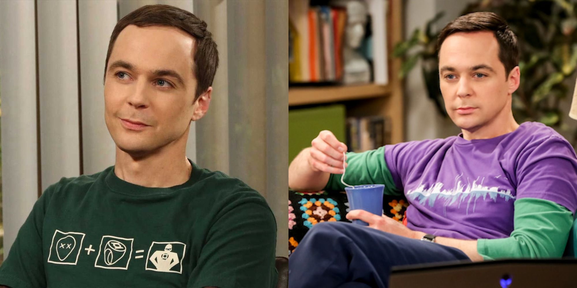 Split image depicting Sheldon smiling in his office, and drinking tea at Penny's