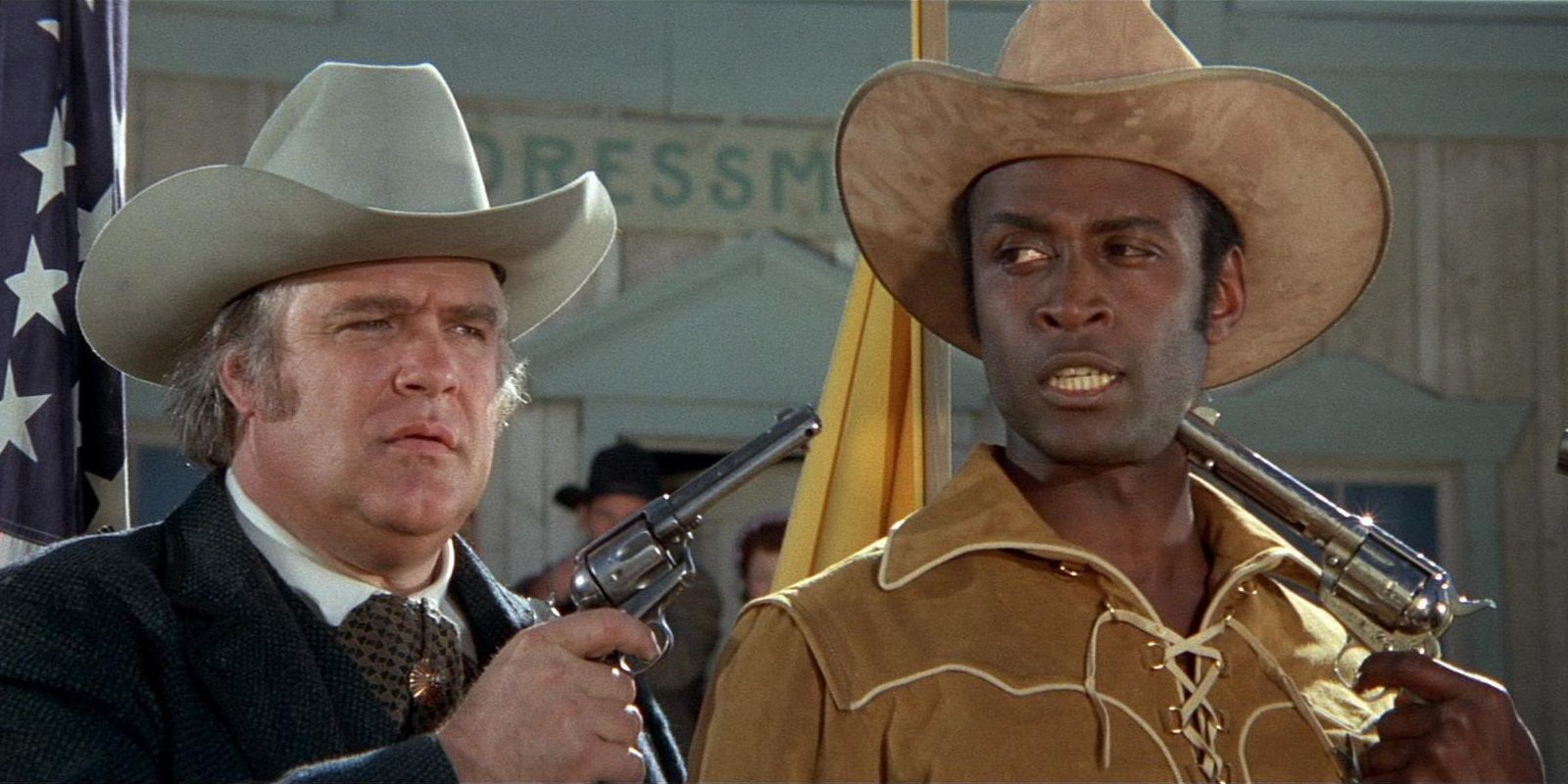 Sheriff Bart holds himself at gunpoint in Blazing Saddles