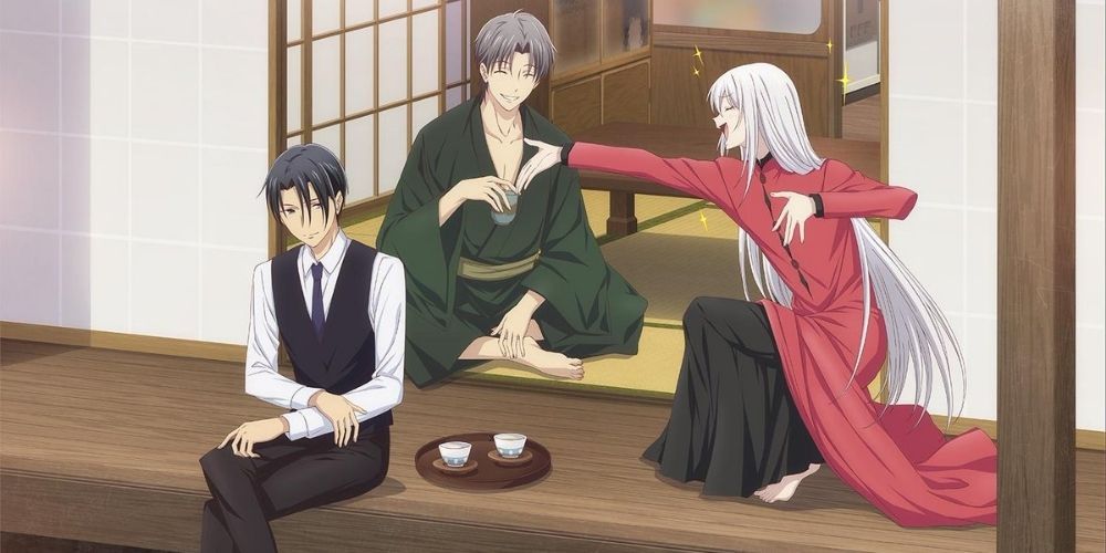 Shigure, Ayame, and Hatori laughing and drinking tea