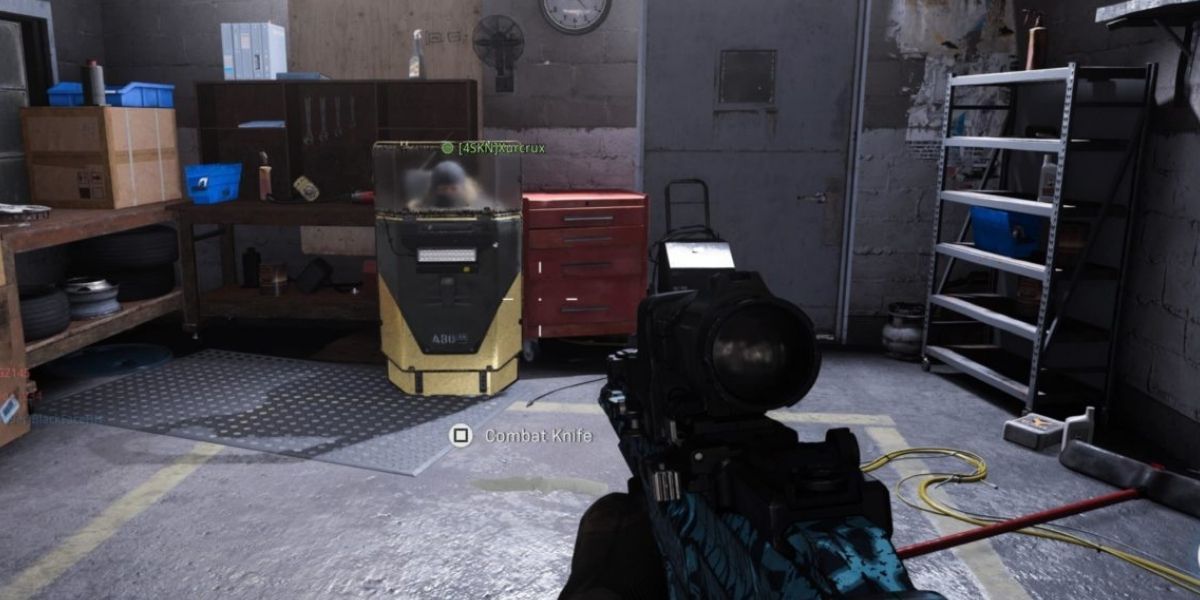 First person view of character shooting at a riot shield.